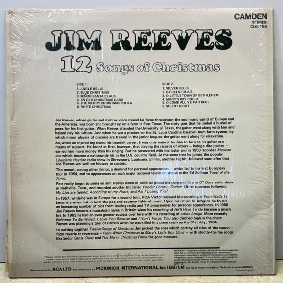 Jim Reeves 12 Songs of Christmas Country Vinyl LP in Shrink RCA Camden 60s - Picture 5 of 7